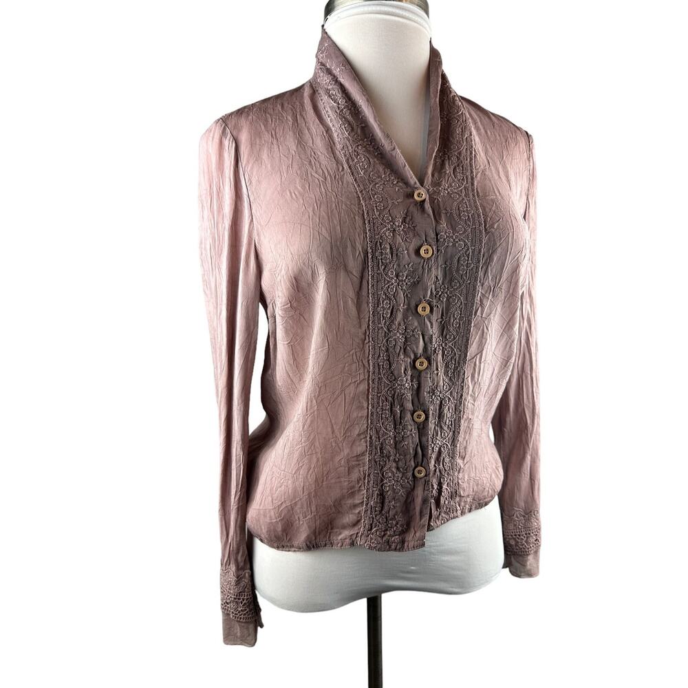 Johnny Was Embroidered Button Blouse Boho Crinkle Cotton Rayon Top Mauve Small - Picture 9 of 12